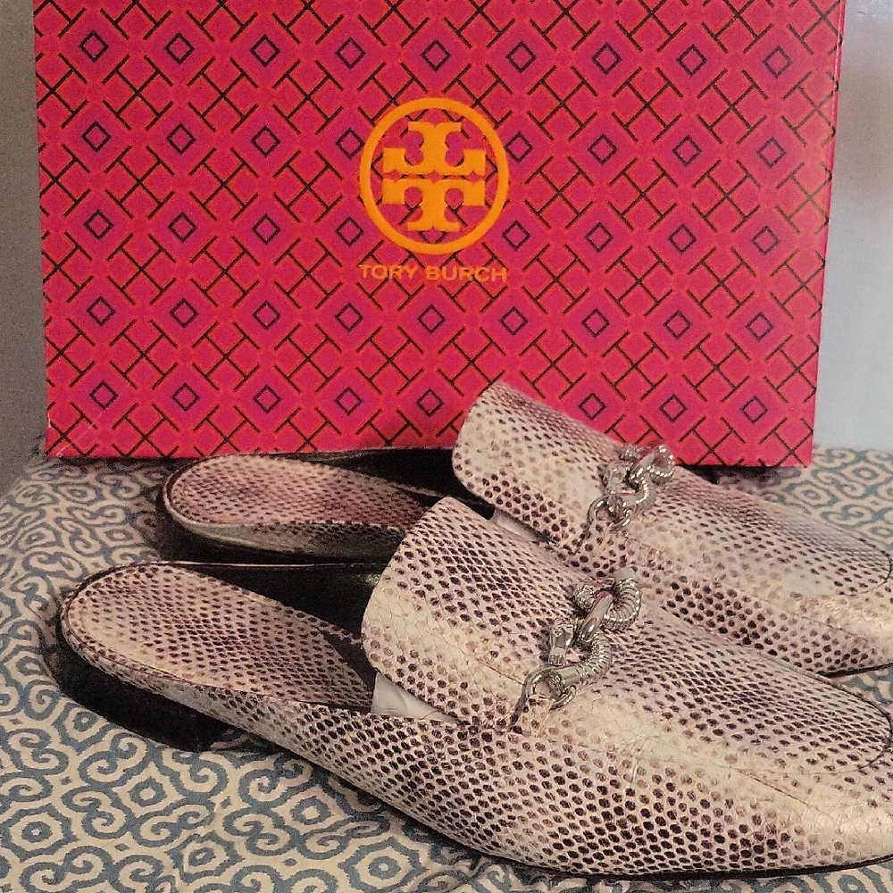 Tory Burch Snakeskin Pattern Mules - Black and Cream